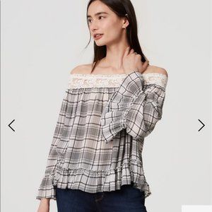 Loft plaid off shoulder top with lace trim - M